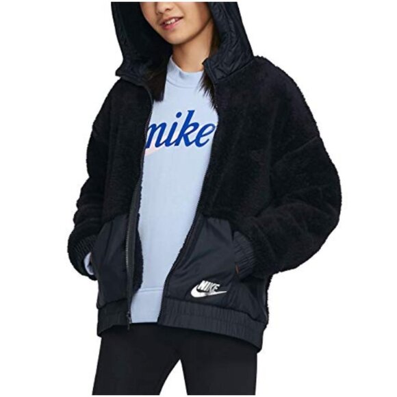 Nike Sportswear Hooded Sherpa Jacket - Black - Girl's Size Large - Picture 1 of 9